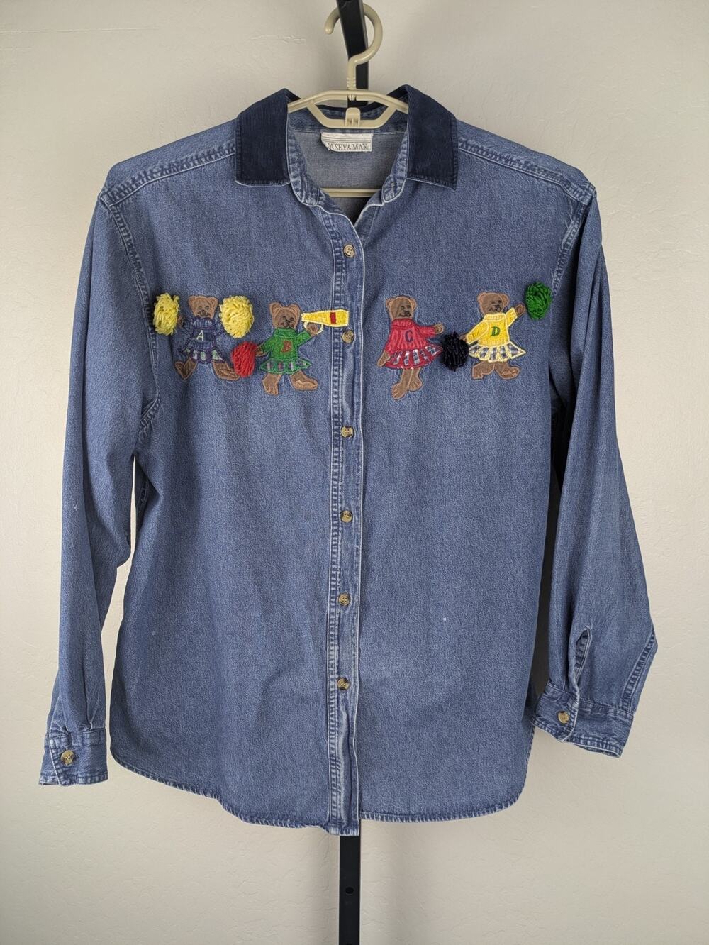 Teddy Bear Cheerleaders Casey & Max Denim Button Front Shirt Pom Pom measures XL